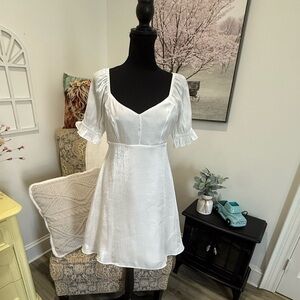 Altar'd State White Sweetheart Puff Sleeve Midi Dress